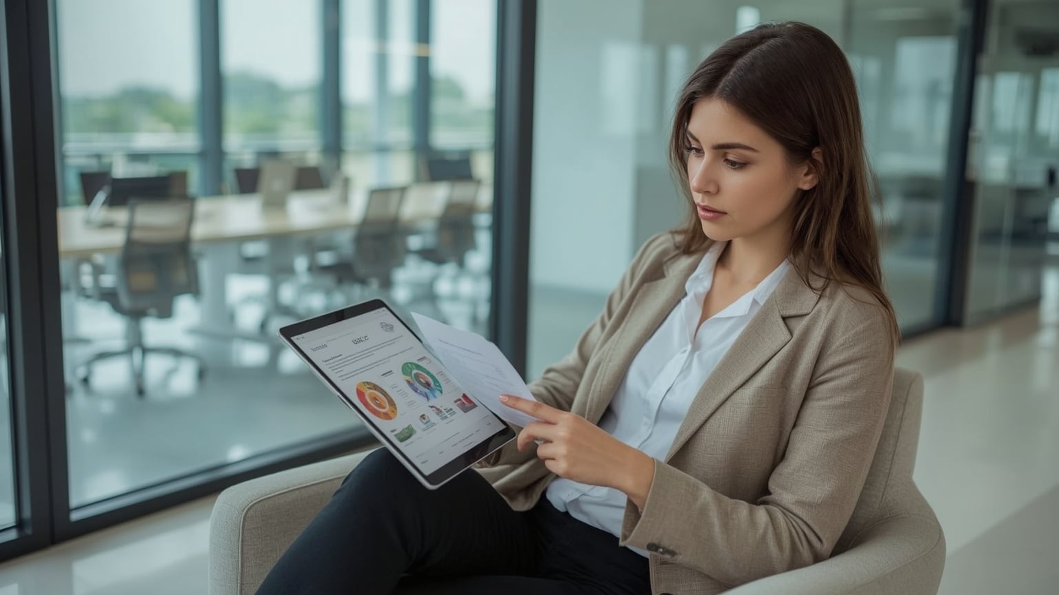 Análisis del informe DISC en tablet en la oficina Profesional revisando en su tablet el informe del test DISC para entender mejor sus resultados y aplicarlos en su trabajo