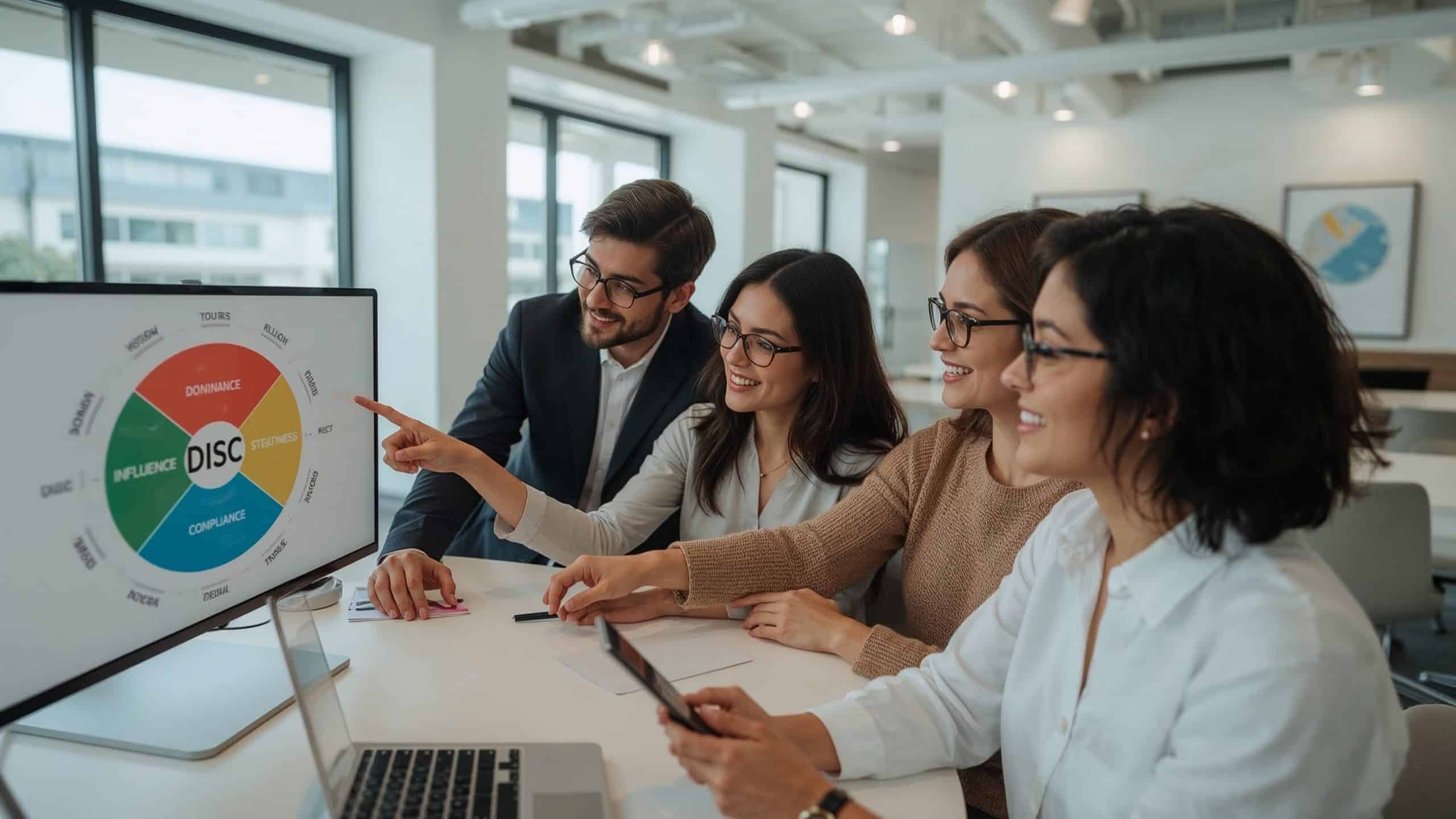 Equipo analizando el gráfico DISC en una reunión Un equipo de trabajo reunido alrededor de una pantalla, analizando juntos el gráfico de colores del test DISC para mejorar la colaboración