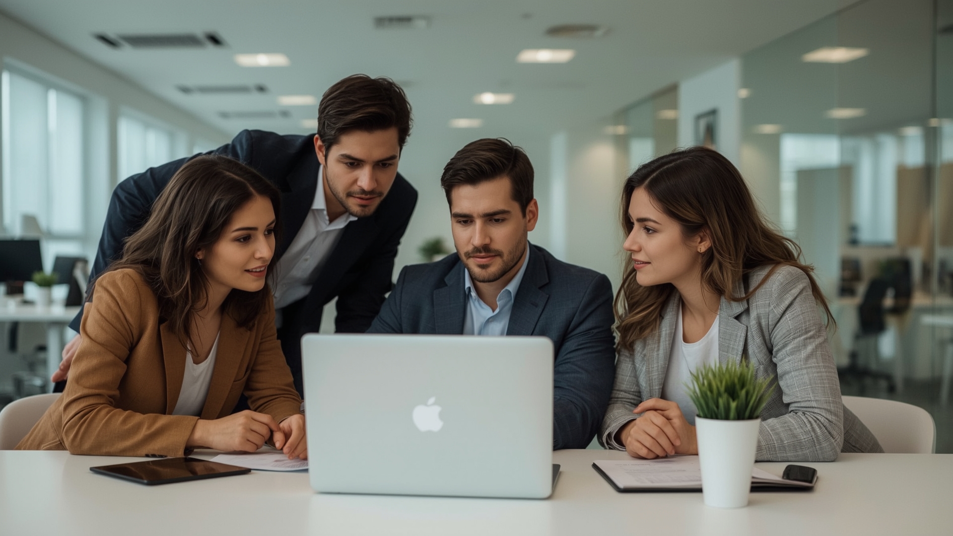 Equipo revisando datos DISC en portátil en la oficina Cuatro profesionales reunidos alrededor de un portátil revisando juntos los resultados del test DISC para tomar decisiones estratégicas
