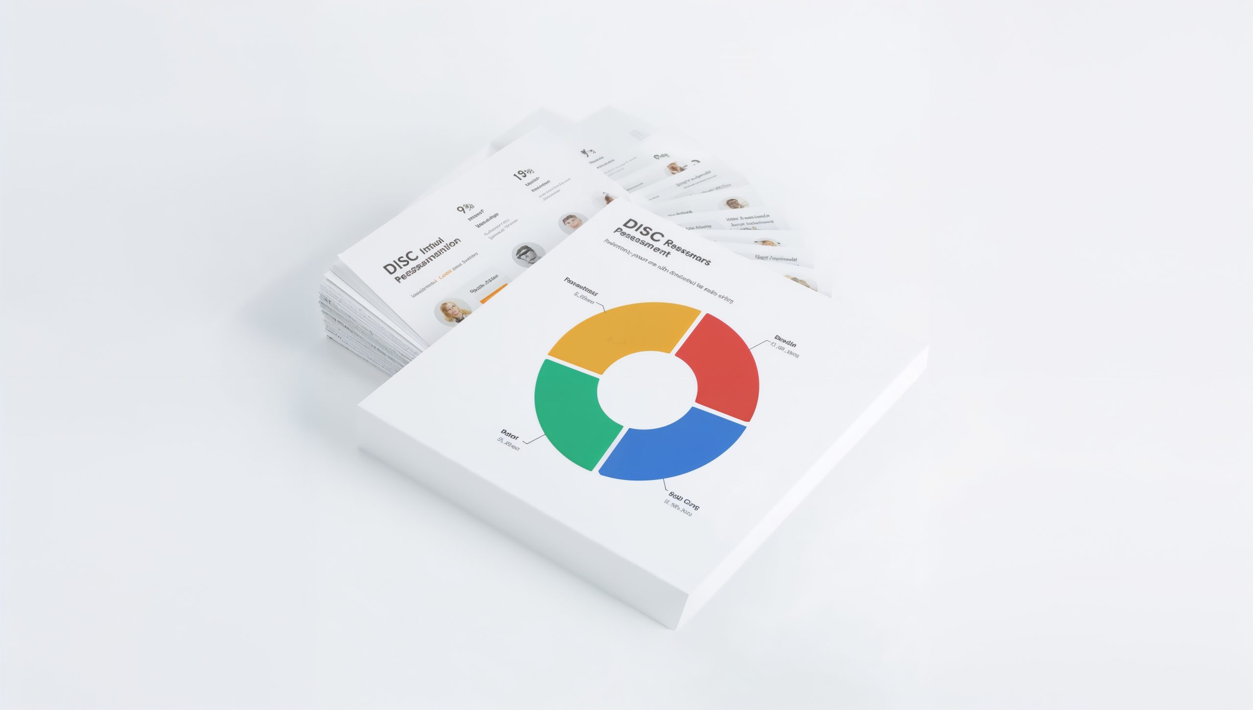 Stack of 17-page DISC assessment reports with a colorful profile wheel on a clean white background.
