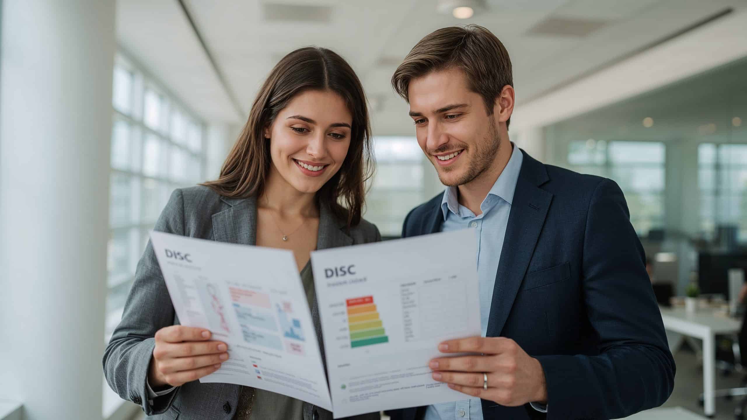 Dos professionals en un entorn d’oficina analitzen i comenten els resultats personalitzats d’una avaluació DISC per entendre millor els estils de comportament i millorar el treball en equip