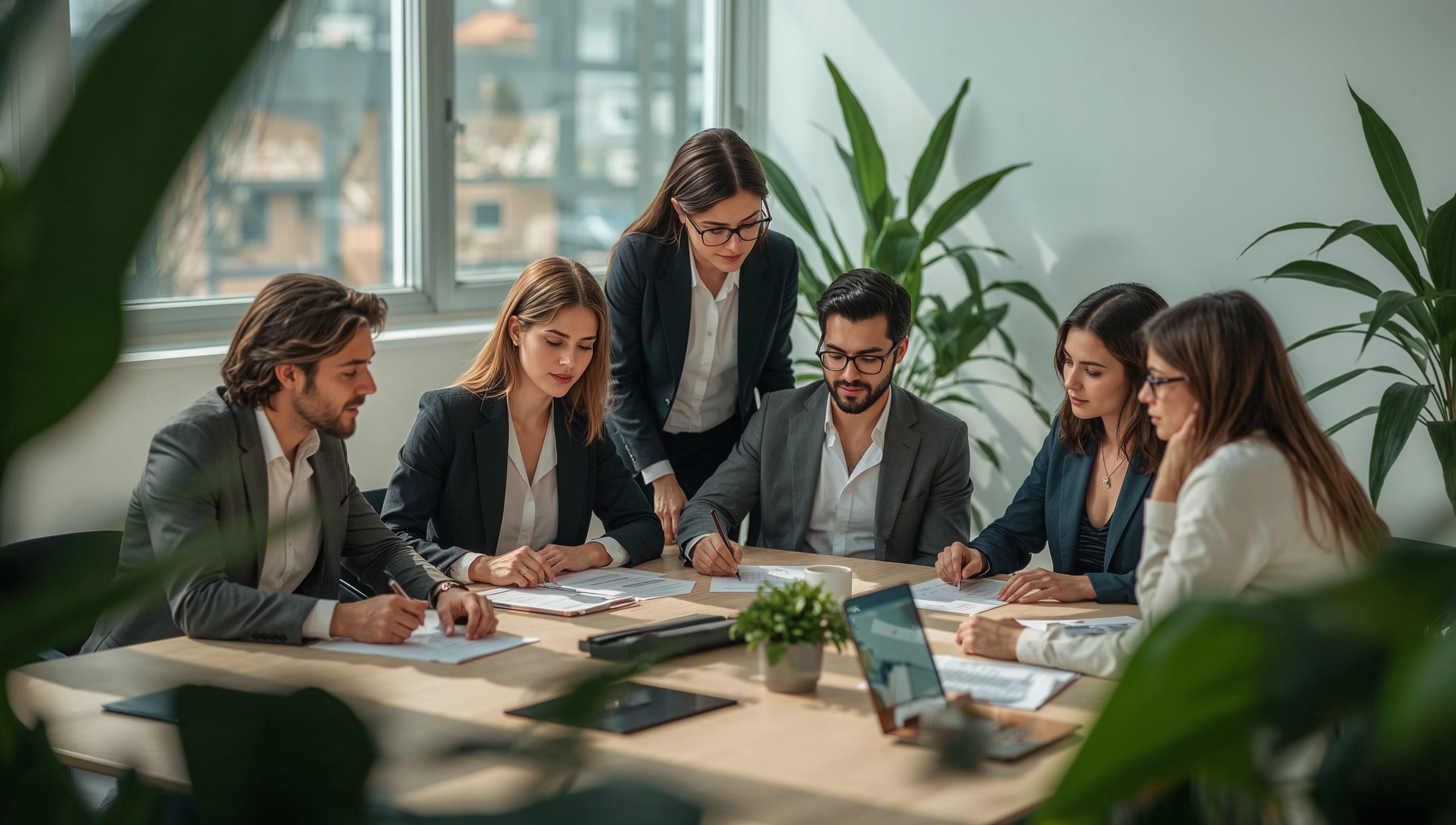 Equip de professionals en reunió estratègica utilitzant avaluacions DISC per a selecció i desenvolupament de talent a Catalunya
