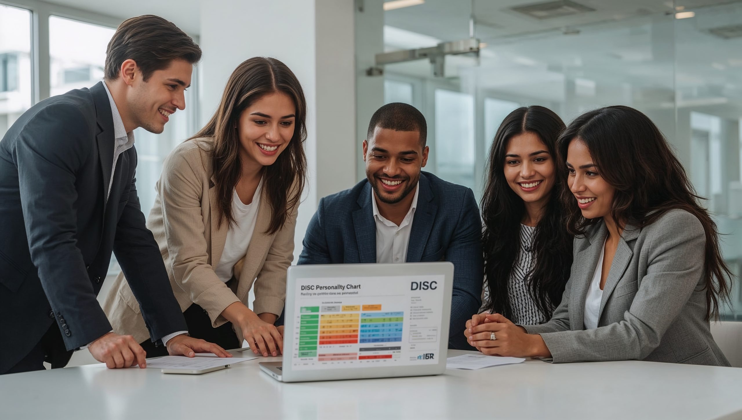 Test DISC sin certificación para RRHH con informes visuales Profesionales de RRHH analizando un gráfico de test DISC sin certificación en un portátil, comentando resultados para selección y liderazgo sin necesidad de cursos previos.<br />