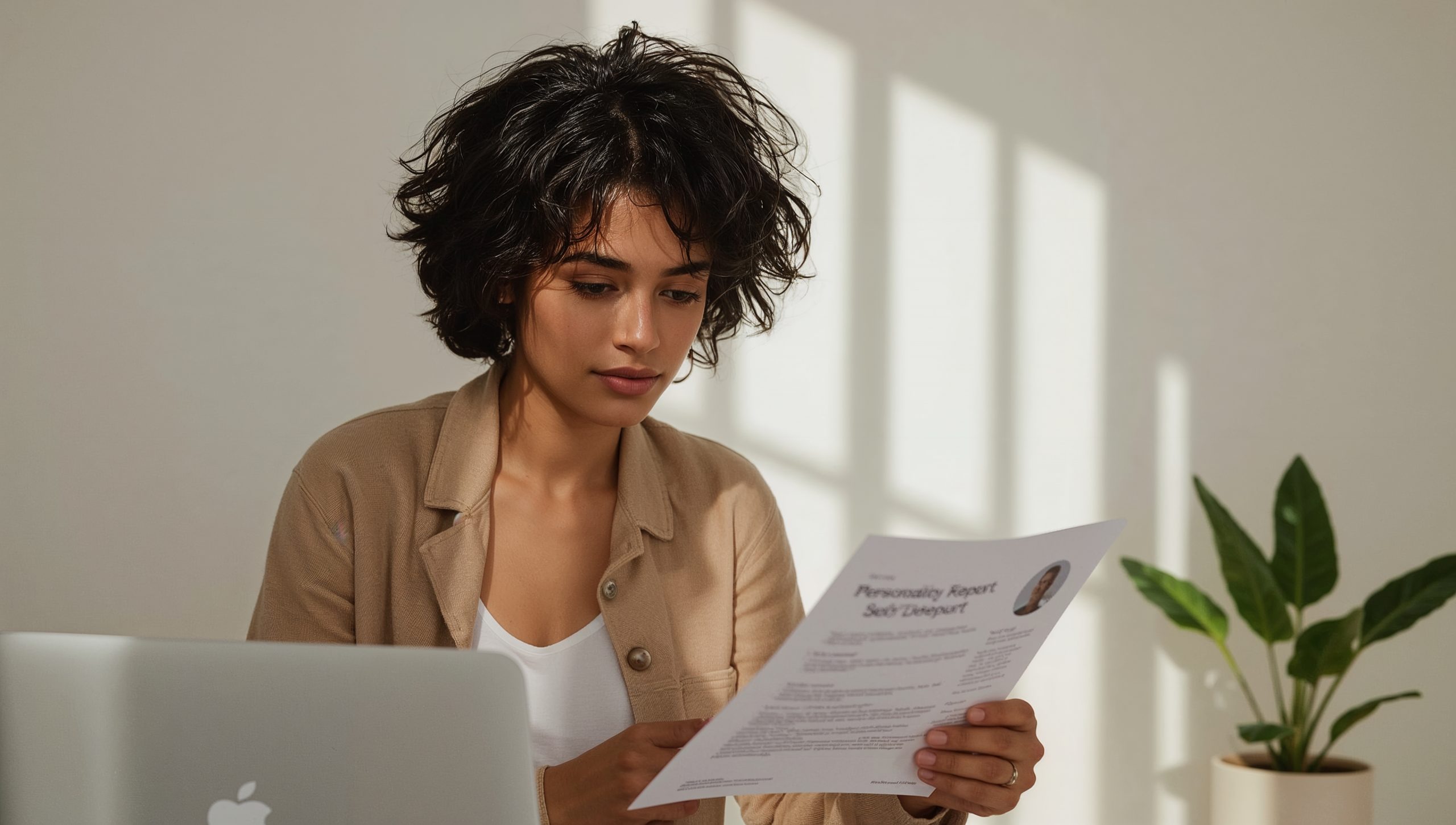 Mujer joven leyendo su informe de personalidad frente al ordenador, en un entorno profesional cálido