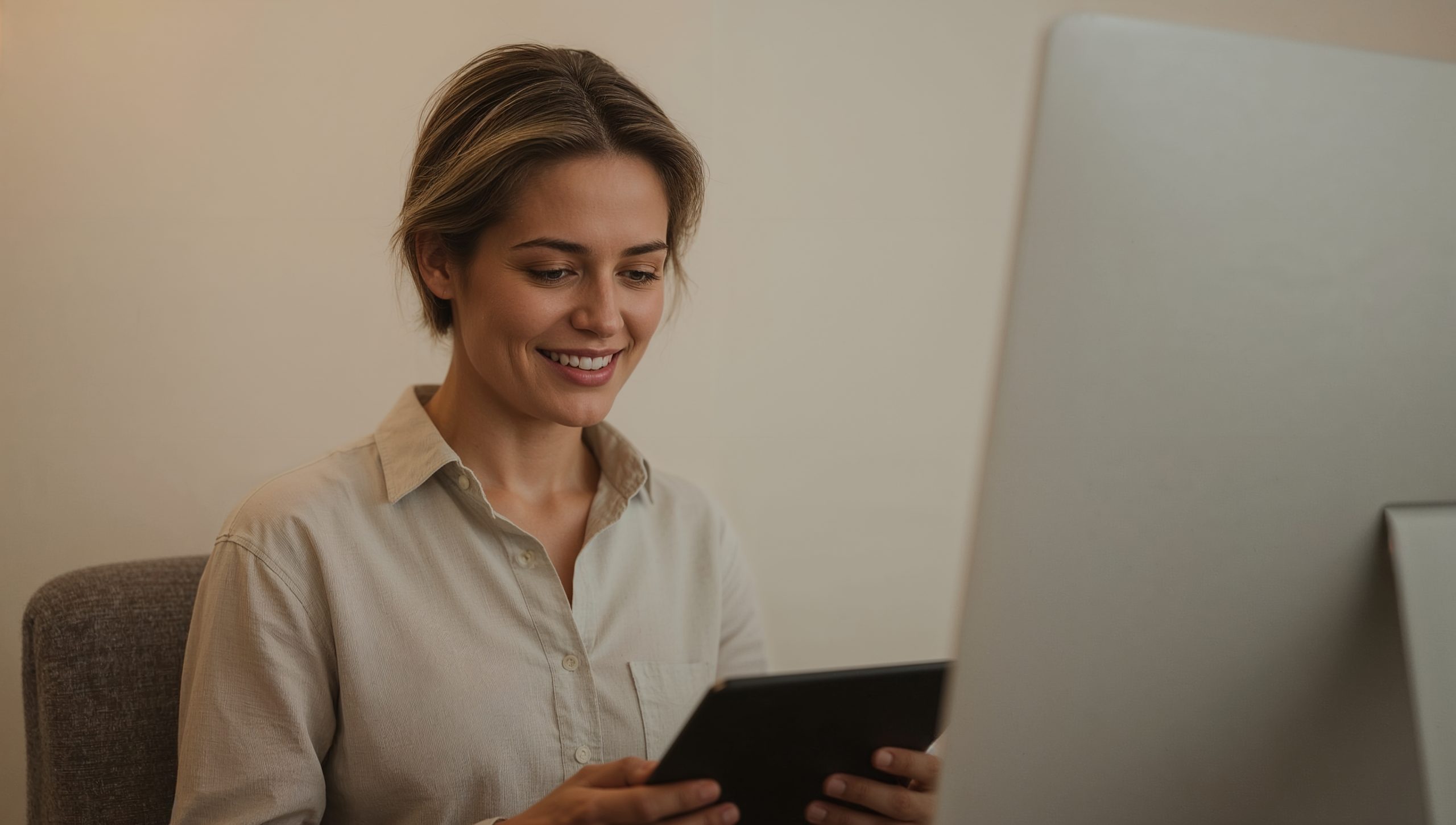 Mujer sonriendo con una tablet frente al ordenador tras completar un test de personalidad