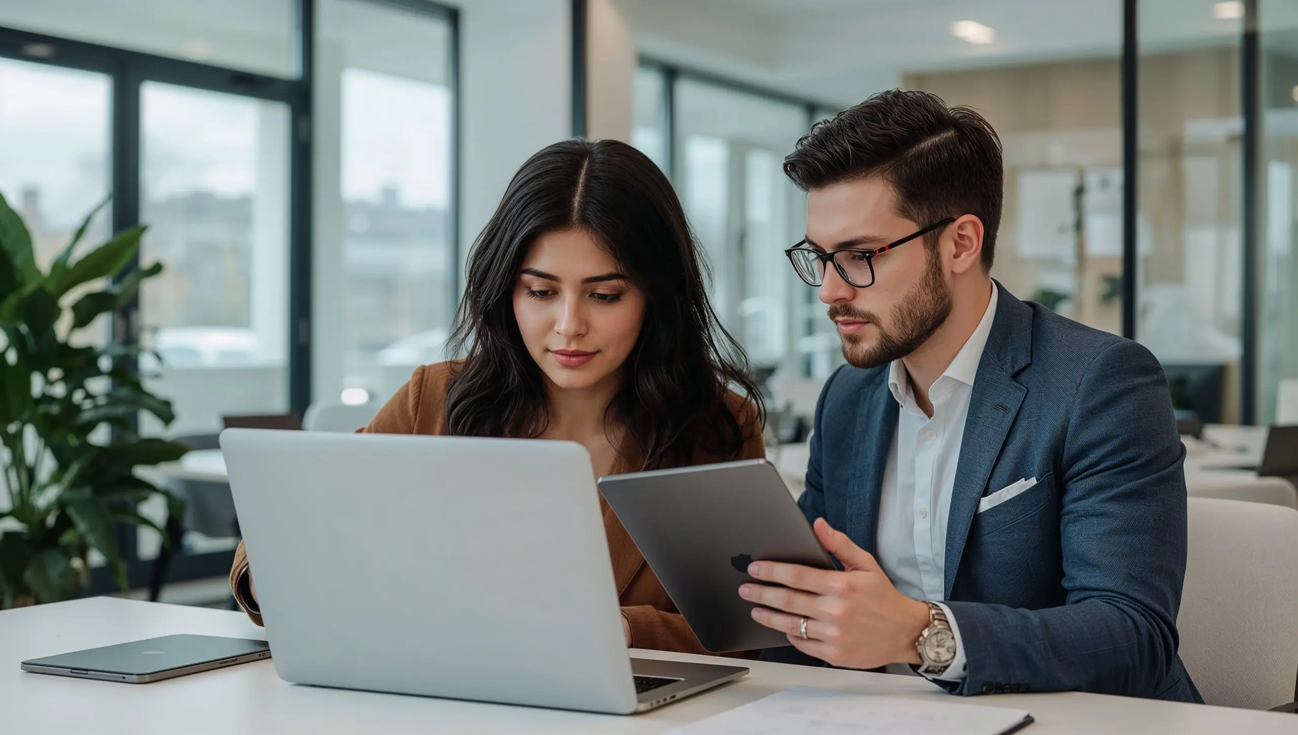 Dos consultores de recursos humanos revisando un informe DISC en ordenador y tablet dentro de una oficina moderna