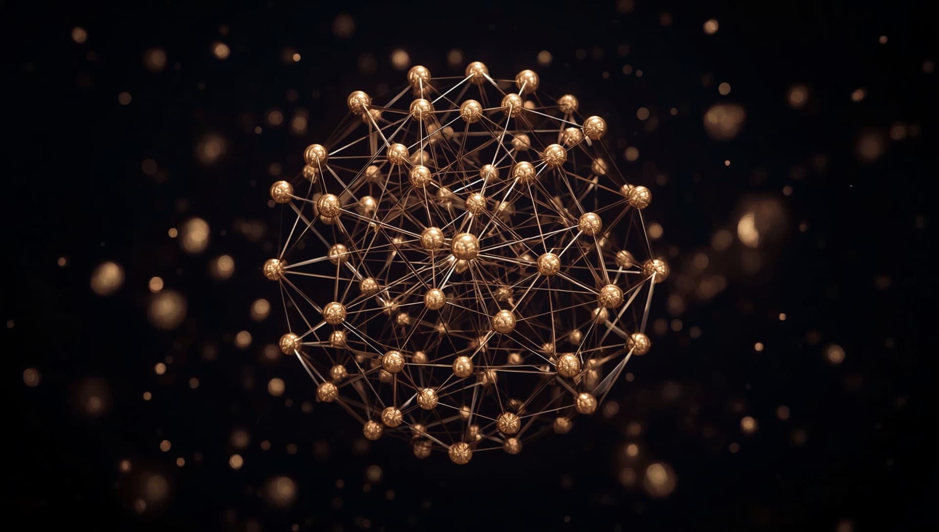 Visualización 3D de la infraestructura de inteligencia de talento de LiderDISC. Red neuronal de nodos dorados interconectados que representa el análisis de patrones conductuales y la solidez de más de 100.000 evaluaciones psicométricas.